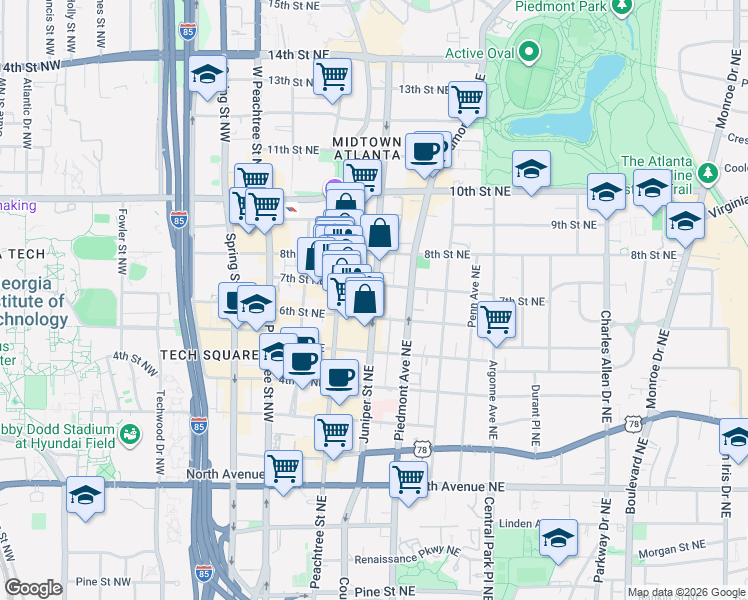 map of restaurants, bars, coffee shops, grocery stores, and more near Juniper Street Northeast in Atlanta