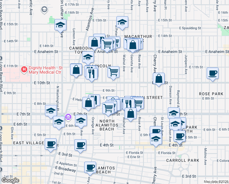 map of restaurants, bars, coffee shops, grocery stores, and more near 1438 East 9th Street in Long Beach