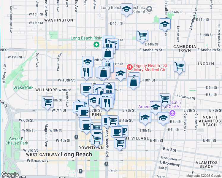 map of restaurants, bars, coffee shops, grocery stores, and more near 321 East 9th Street in Long Beach