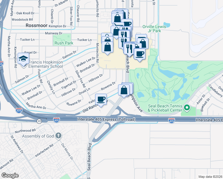 map of restaurants, bars, coffee shops, grocery stores, and more near 3301 Yellowtail Drive in Los Alamitos