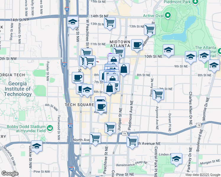 map of restaurants, bars, coffee shops, grocery stores, and more near 848 Peachtree Street Northeast in Atlanta