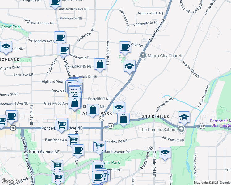 map of restaurants, bars, coffee shops, grocery stores, and more near 856 Briarcliff Road Northeast in Atlanta