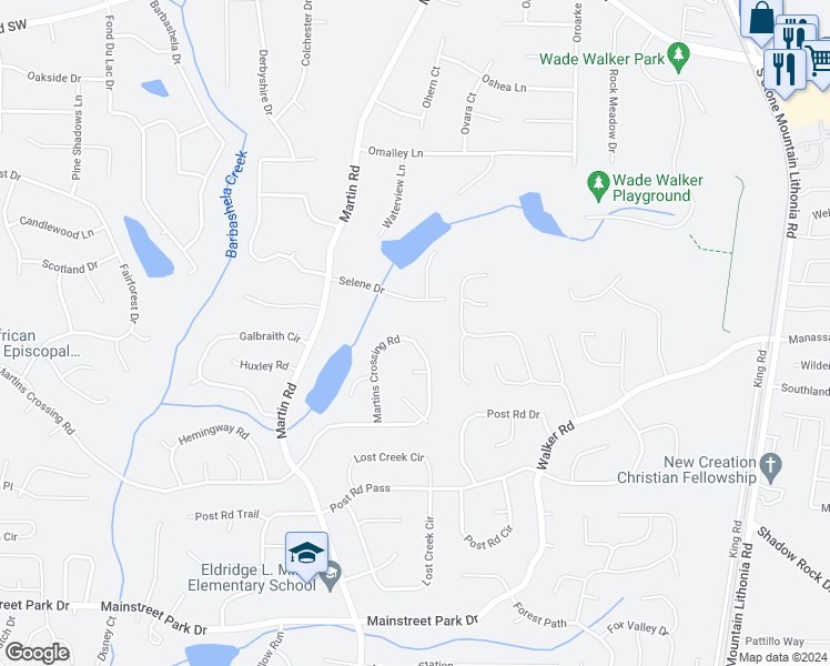 map of restaurants, bars, coffee shops, grocery stores, and more near 5389 Martins Crossing Road in Stone Mountain