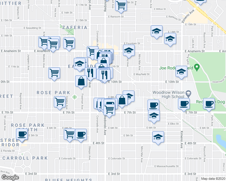 map of restaurants, bars, coffee shops, grocery stores, and more near 840 North Newport Avenue in Long Beach