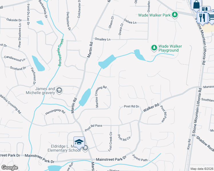 map of restaurants, bars, coffee shops, grocery stores, and more near 5227 Selene Drive in Stone Mountain