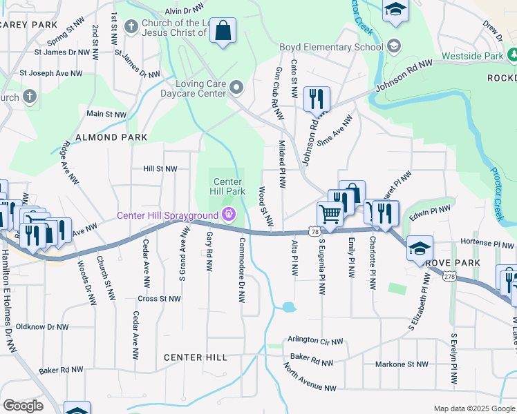 map of restaurants, bars, coffee shops, grocery stores, and more near 836 Wood Street Northwest in Atlanta