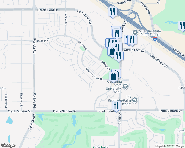 map of restaurants, bars, coffee shops, grocery stores, and more near University Park Drive in Palm Desert
