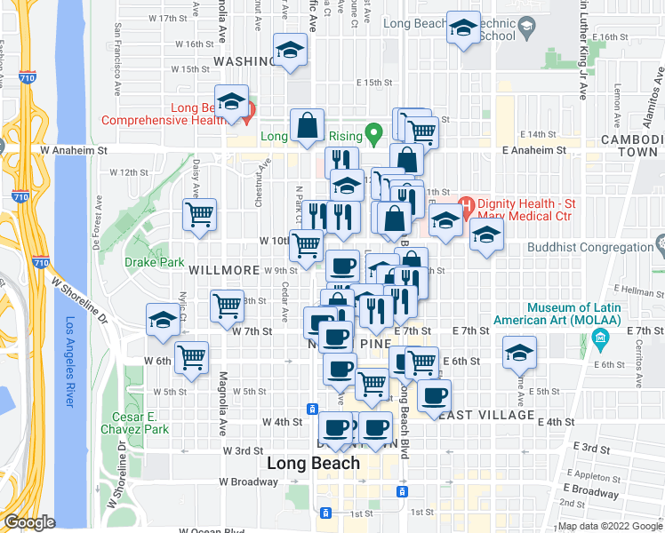 map of restaurants, bars, coffee shops, grocery stores, and more near 115 West 9th Street in Long Beach