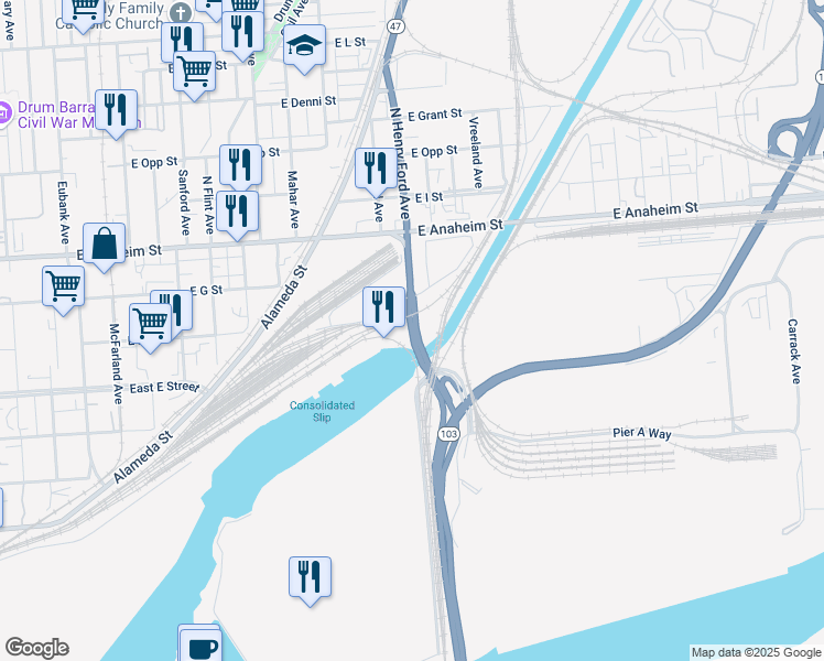 map of restaurants, bars, coffee shops, grocery stores, and more near California 47 in Los Angeles County