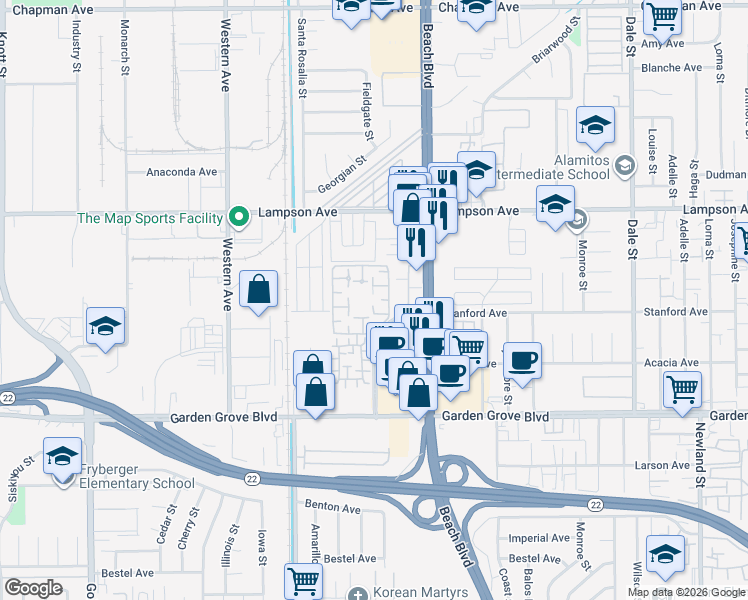 map of restaurants, bars, coffee shops, grocery stores, and more near 7770 Youngdale Way in Stanton