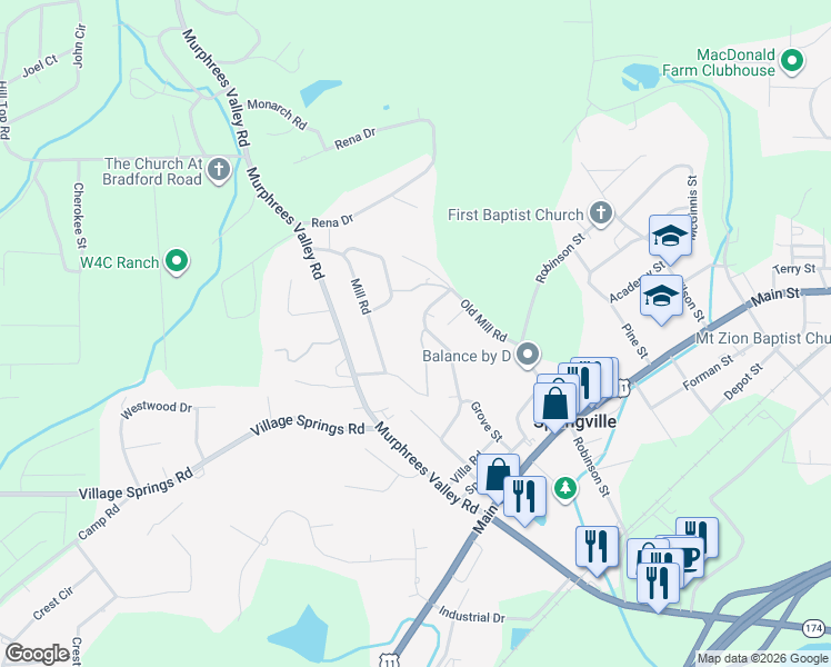 map of restaurants, bars, coffee shops, grocery stores, and more near 223 Elaine Street in Springville