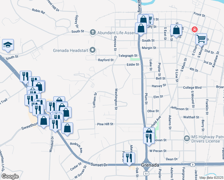 map of restaurants, bars, coffee shops, grocery stores, and more near 544 Washington Street in Grenada
