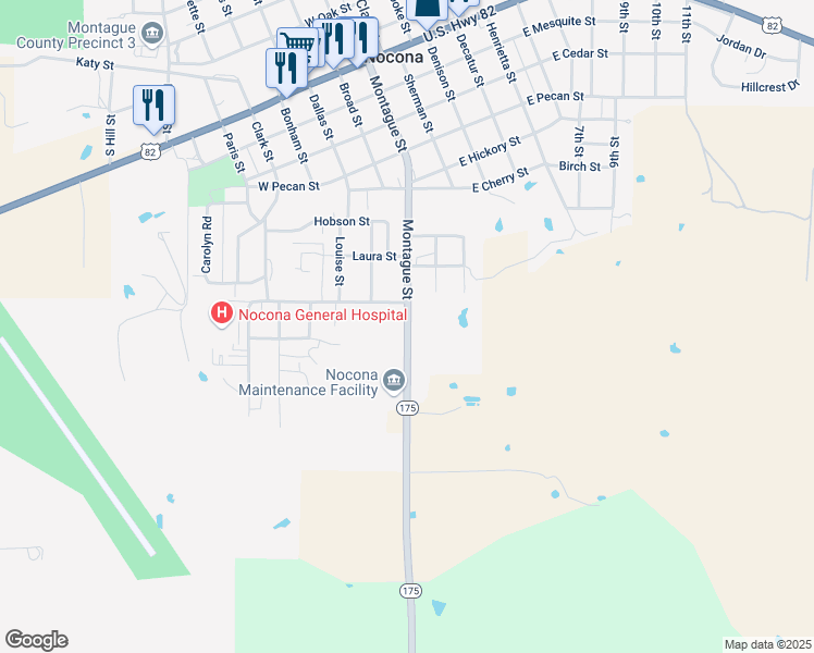 map of restaurants, bars, coffee shops, grocery stores, and more near 731 Montague Street in Nocona