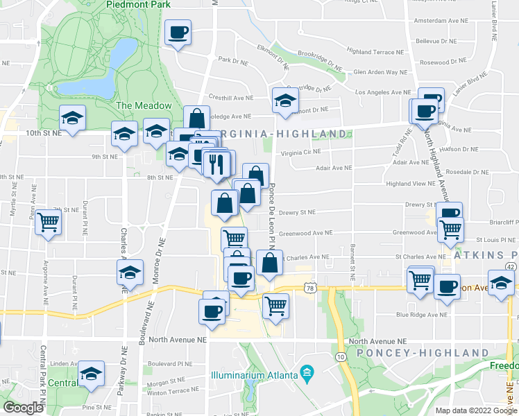 map of restaurants, bars, coffee shops, grocery stores, and more near 692 Drewry Street Northeast in Atlanta