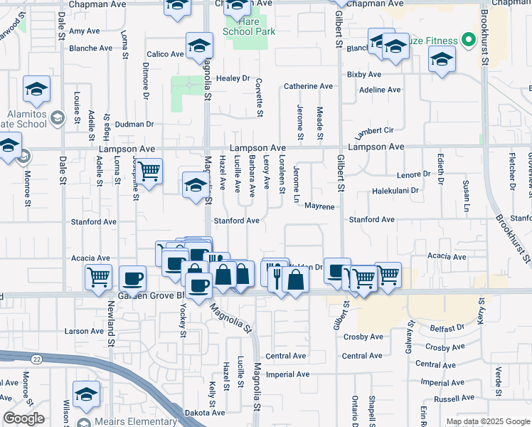 map of restaurants, bars, coffee shops, grocery stores, and more near 12711 Leroy Avenue in Garden Grove