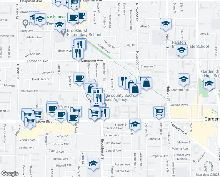 map of restaurants, bars, coffee shops, grocery stores, and more near 10243 Stanford Avenue in Garden Grove