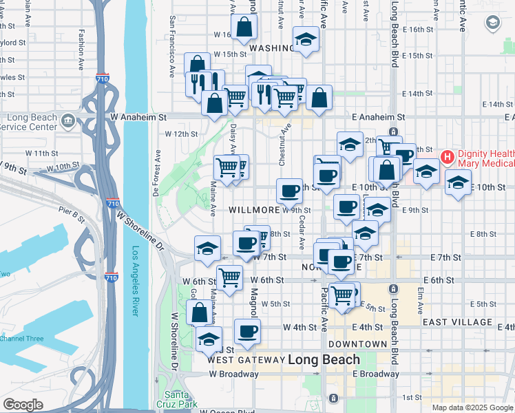 map of restaurants, bars, coffee shops, grocery stores, and more near 902 Magnolia Avenue in Long Beach