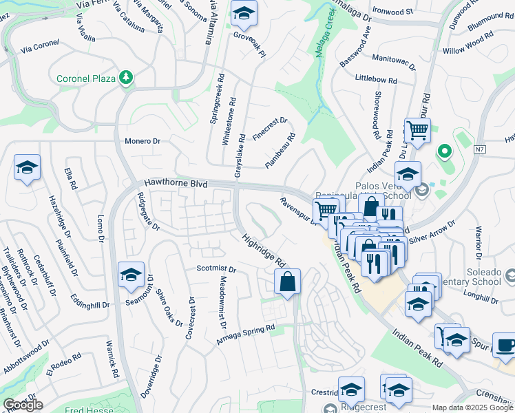map of restaurants, bars, coffee shops, grocery stores, and more near 58 Hilltop Circle in Rancho Palos Verdes