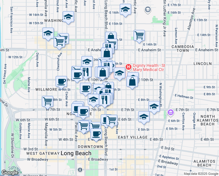 map of restaurants, bars, coffee shops, grocery stores, and more near 321 East 9th Street in Long Beach