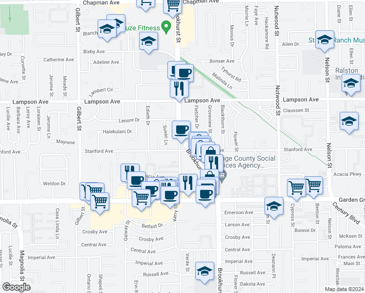 map of restaurants, bars, coffee shops, grocery stores, and more near 12711 Brookhurst Street in Garden Grove