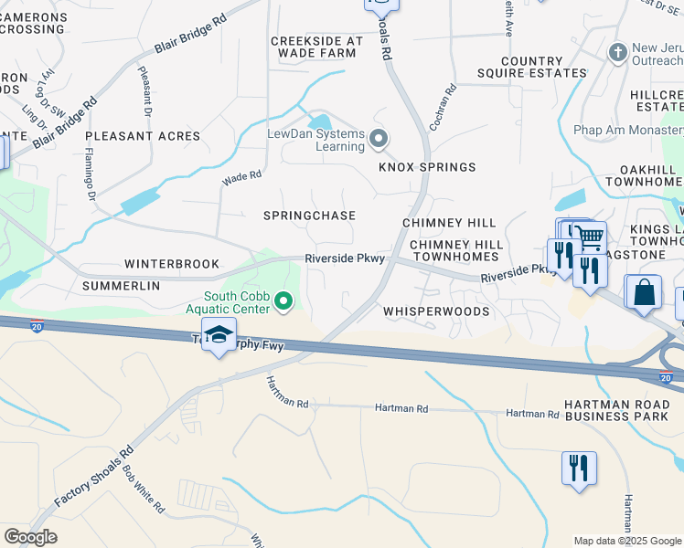 map of restaurants, bars, coffee shops, grocery stores, and more near 791 Riverside Parkway in Austell