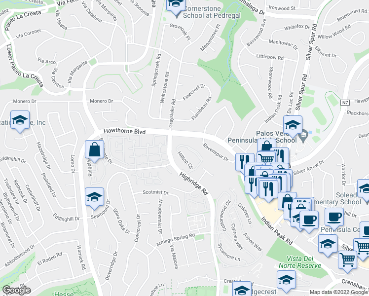 map of restaurants, bars, coffee shops, grocery stores, and more near 58 Hilltop Circle in Rancho Palos Verdes