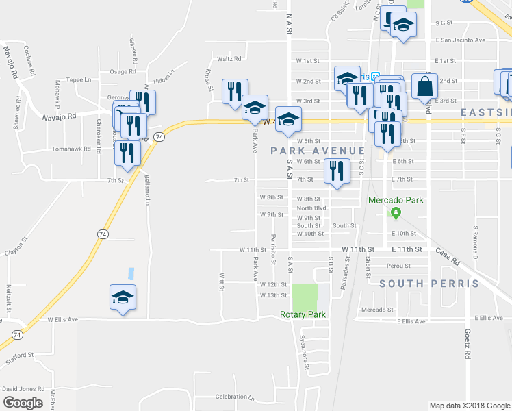 map of restaurants, bars, coffee shops, grocery stores, and more near Park Avenue in Perris