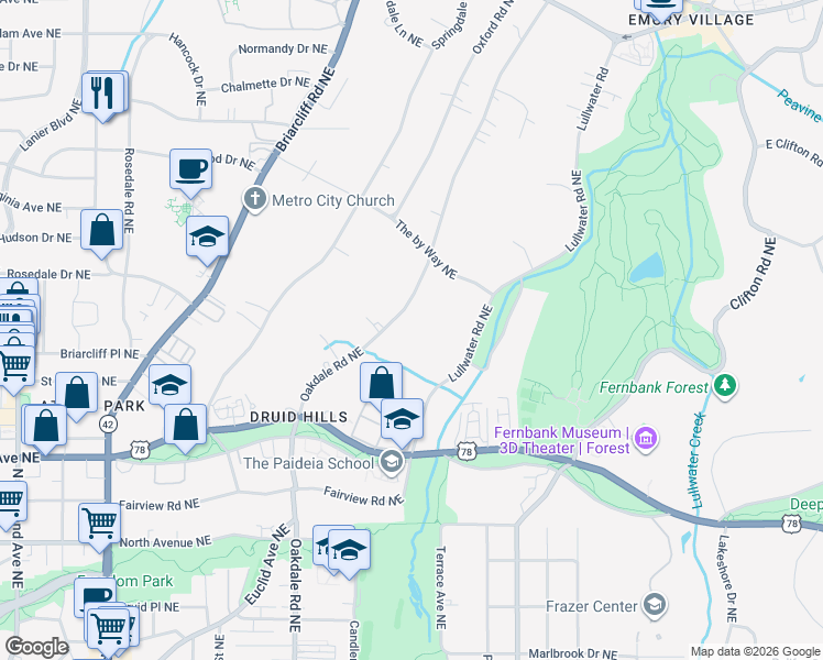 map of restaurants, bars, coffee shops, grocery stores, and more near 888 Oakdale Road Northeast in Atlanta