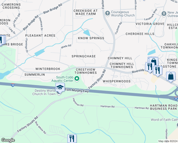 map of restaurants, bars, coffee shops, grocery stores, and more near 776 Crestside Court in Austell