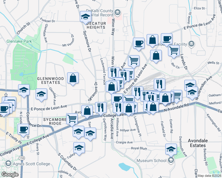 map of restaurants, bars, coffee shops, grocery stores, and more near 124-298 Grove Pl in Decatur