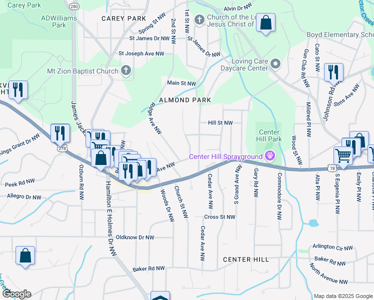 map of restaurants, bars, coffee shops, grocery stores, and more near 848 Capitol View Avenue Northwest in Atlanta