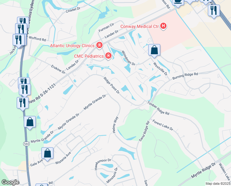 map of restaurants, bars, coffee shops, grocery stores, and more near 166 Ridge Point Drive in Conway