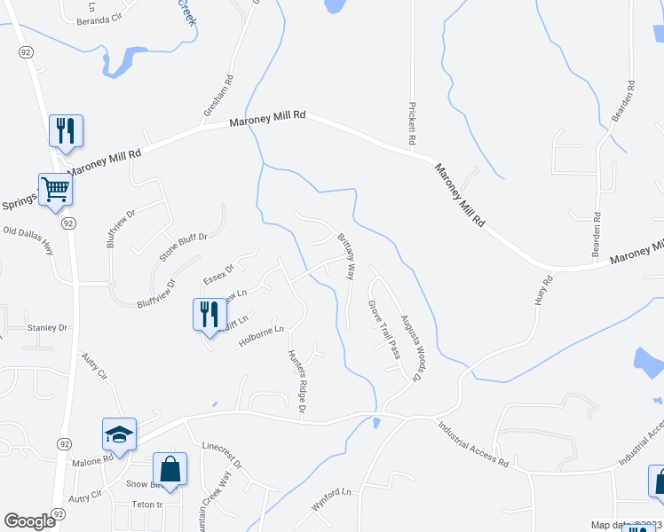 map of restaurants, bars, coffee shops, grocery stores, and more near 6291 Hampstead Lane in Douglasville