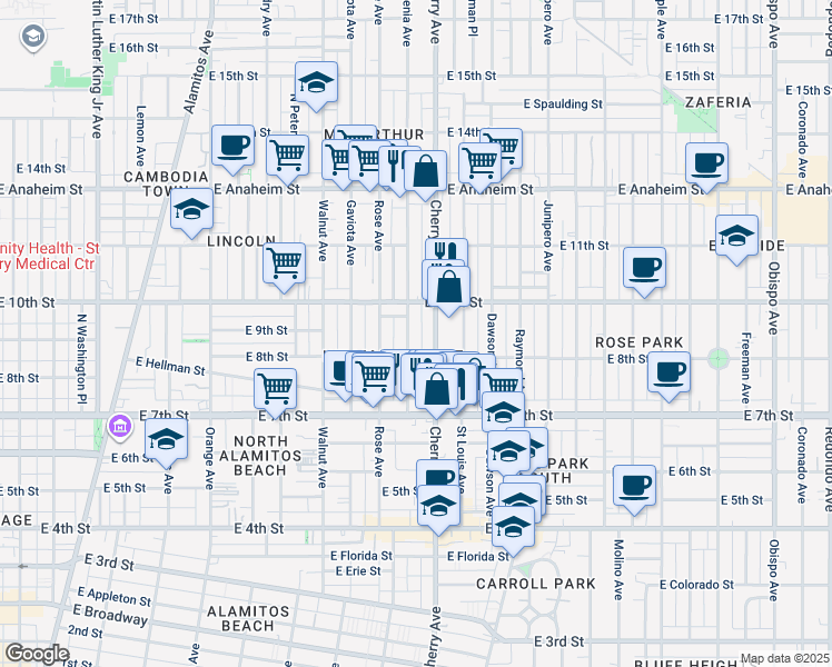 map of restaurants, bars, coffee shops, grocery stores, and more near 836 Gardenia Avenue in Long Beach