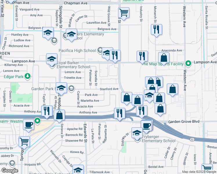 map of restaurants, bars, coffee shops, grocery stores, and more near 6891 Stanford Avenue in Garden Grove