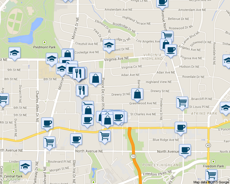 map of restaurants, bars, coffee shops, grocery stores, and more near 770 Drewry Street Northeast in Atlanta