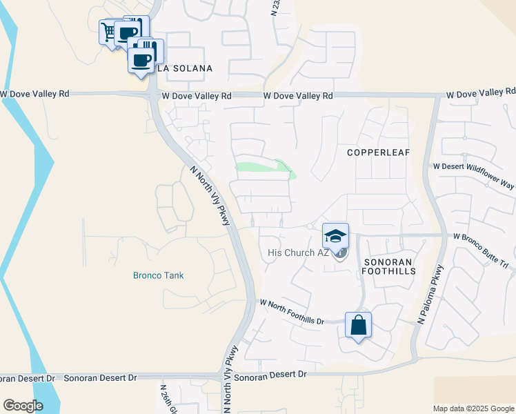 map of restaurants, bars, coffee shops, grocery stores, and more near 2415 West Dusty Wren Drive in Phoenix