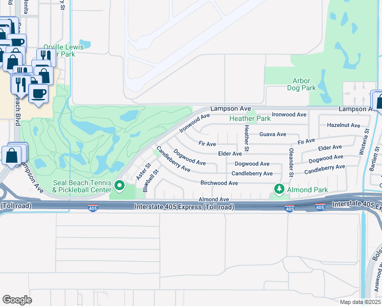 map of restaurants, bars, coffee shops, grocery stores, and more near 4265 Elder Avenue in Seal Beach