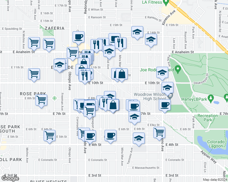 map of restaurants, bars, coffee shops, grocery stores, and more near 924 Euclid Avenue in Long Beach