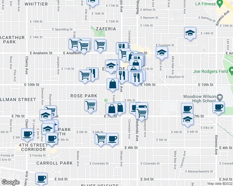 map of restaurants, bars, coffee shops, grocery stores, and more near 915 Obispo Avenue in Long Beach