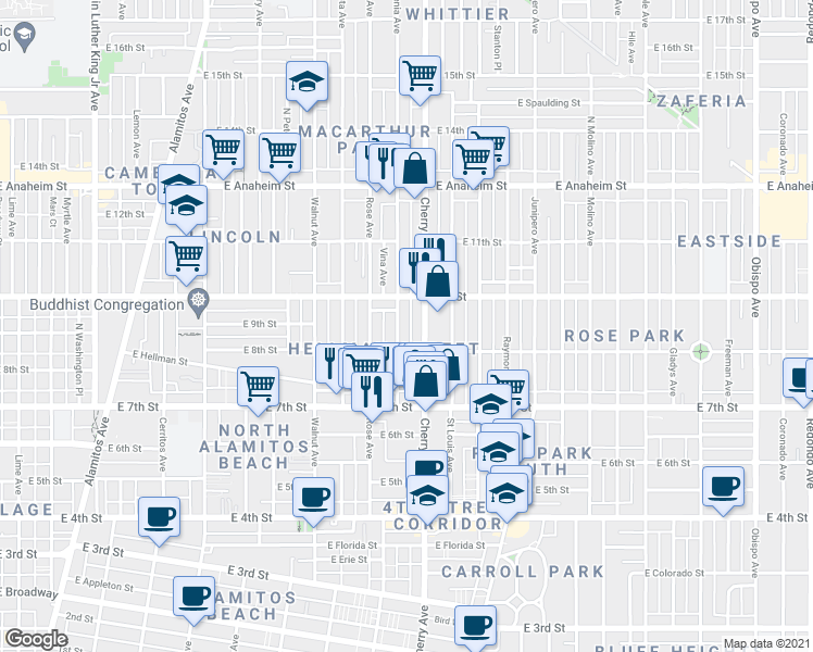map of restaurants, bars, coffee shops, grocery stores, and more near 924 Gardenia Avenue in Long Beach