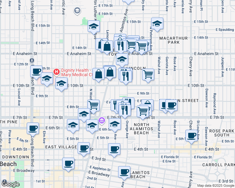 map of restaurants, bars, coffee shops, grocery stores, and more near 922 East San Pablo Court in Long Beach
