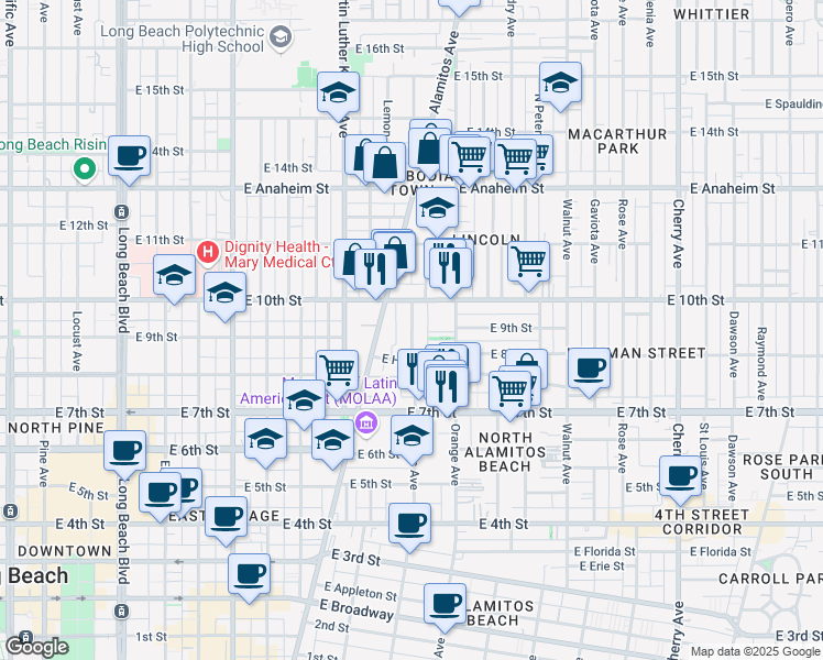 map of restaurants, bars, coffee shops, grocery stores, and more near 922 East San Pablo Court in Long Beach