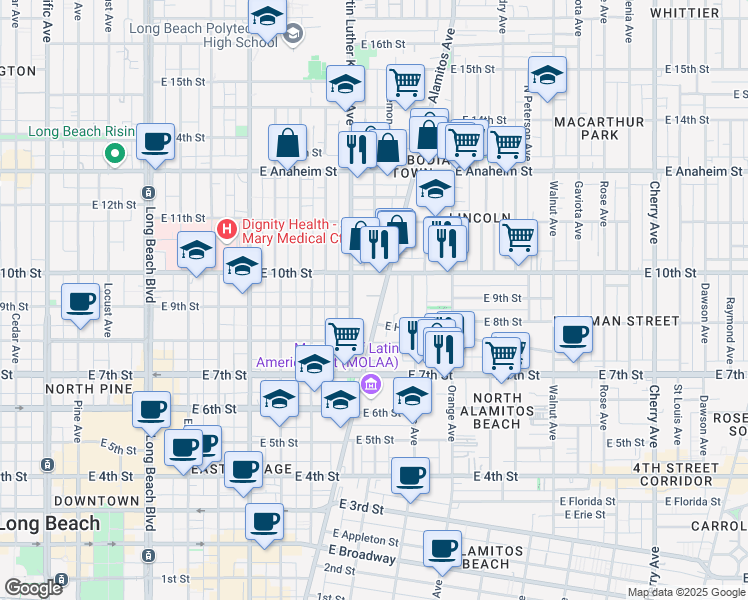 map of restaurants, bars, coffee shops, grocery stores, and more near 928 Alamitos Avenue in Long Beach