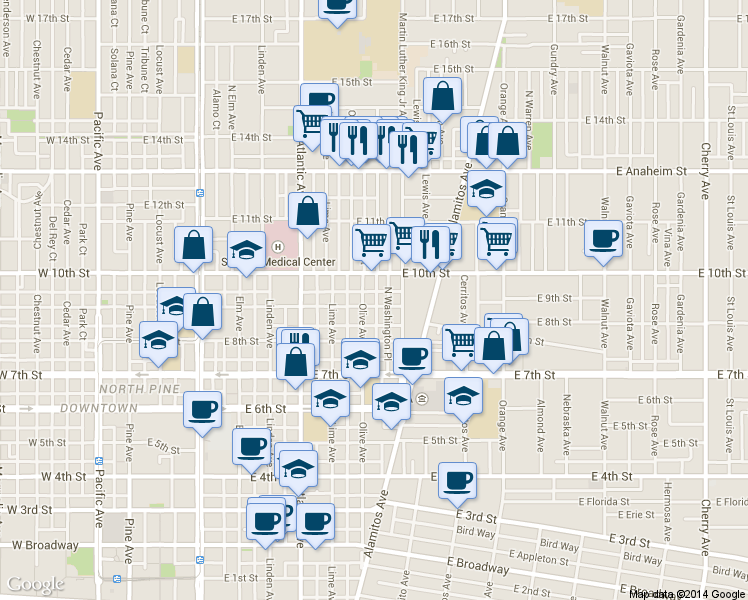 map of restaurants, bars, coffee shops, grocery stores, and more near 940 Olive Avenue in Long Beach