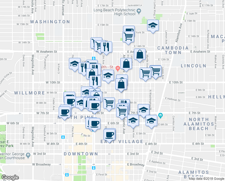 map of restaurants, bars, coffee shops, grocery stores, and more near 1045 Frontenac Court in Long Beach