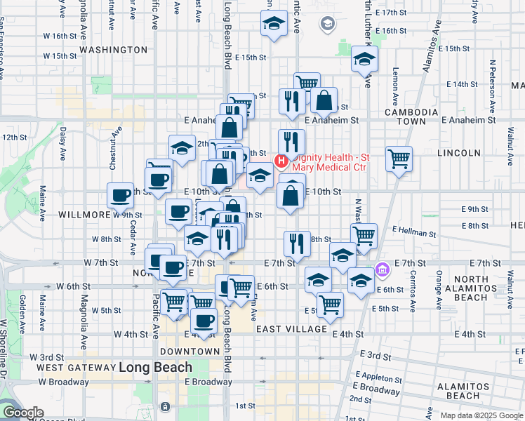 map of restaurants, bars, coffee shops, grocery stores, and more near 1045 Frontenac Court in Long Beach
