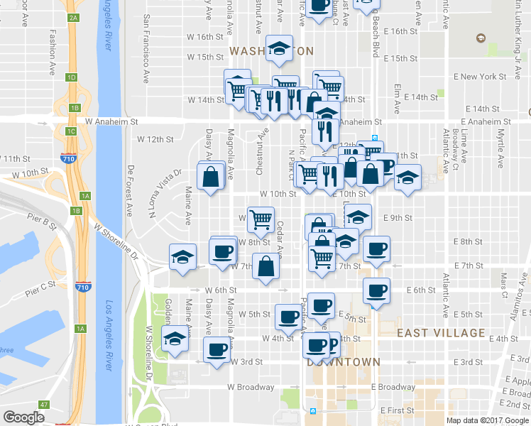 map of restaurants, bars, coffee shops, grocery stores, and more near 935 Cedar Avenue in Long Beach