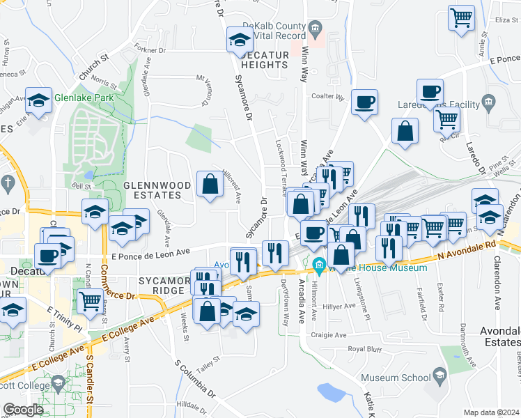 map of restaurants, bars, coffee shops, grocery stores, and more near 428 Sycamore Drive in Decatur