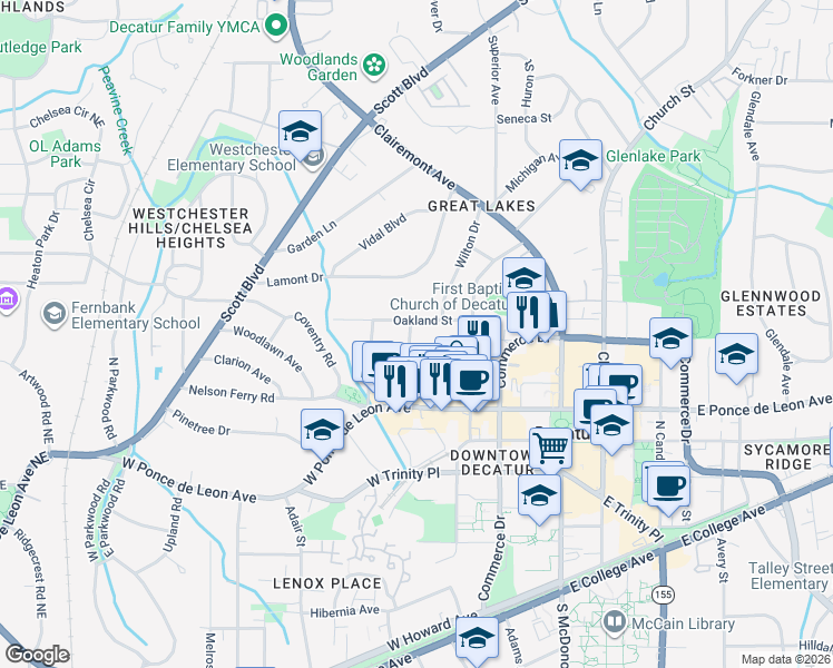 map of restaurants, bars, coffee shops, grocery stores, and more near 205 Oakland Street in Decatur